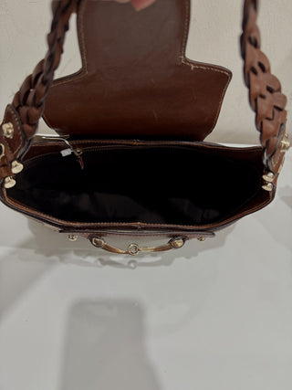 Gucci Monogram Leather Canvas Gg Horsebit Shoulder Bag Brown Size Medium