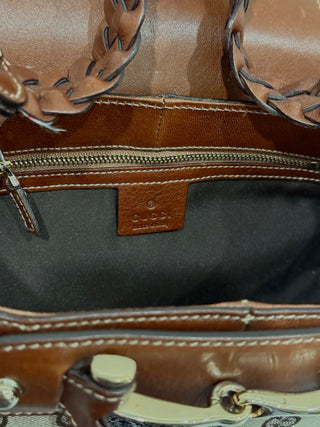 Gucci Monogram Leather Canvas Gg Horsebit Shoulder Bag Brown Size Medium