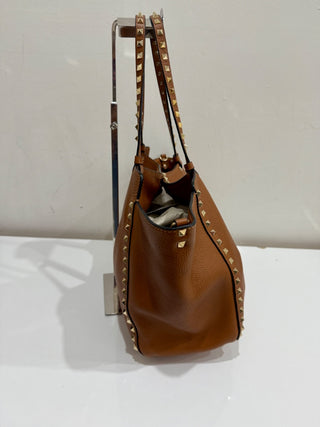 Valentino Light Leather Pebbled Calfskin Rockstud Tote Brown Medium