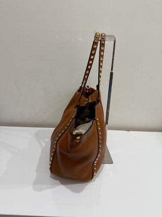 Valentino Light Leather Pebbled Calfskin Rockstud Tote Brown Medium