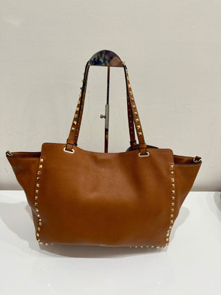 Valentino Light Leather Pebbled Calfskin Rockstud Tote Brown Medium