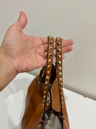 Valentino Light Leather Pebbled Calfskin Rockstud Tote Brown Medium