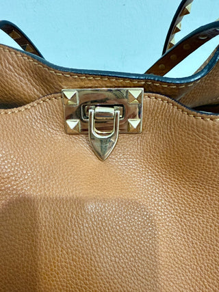 Valentino Light Leather Pebbled Calfskin Rockstud Tote Brown Medium