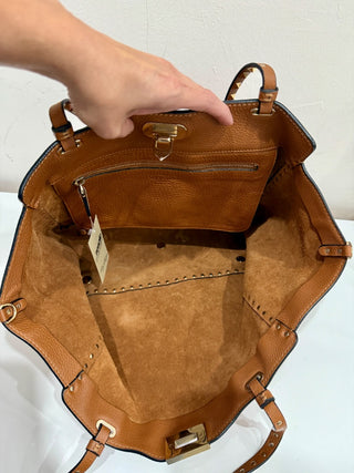Valentino Light Leather Pebbled Calfskin Rockstud Tote Brown Medium