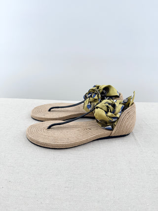 Gucci silk wrap espadrille raffia flat sandals, 37