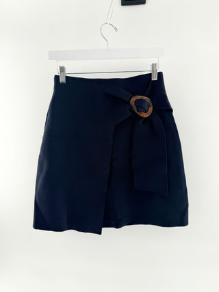 Sandro knit faux wrap mini skirt with buckle, 1/S