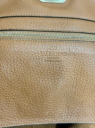 Valentino Light Leather Pebbled Calfskin Rockstud Tote Brown Medium