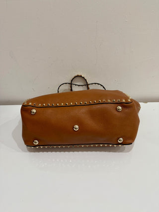 Valentino Light Leather Pebbled Calfskin Rockstud Tote Brown Medium