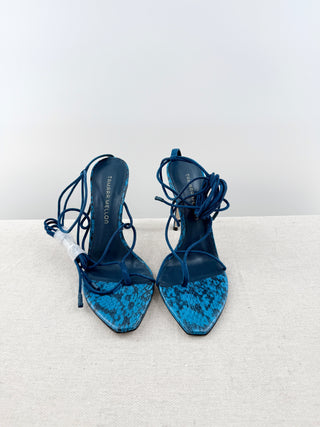 Tamara Mellon snake print leather wrap around high heel sandals, 38