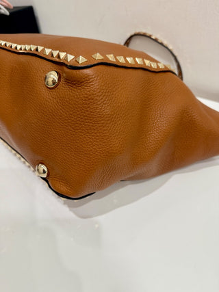 Valentino Light Leather Pebbled Calfskin Rockstud Tote Brown Medium