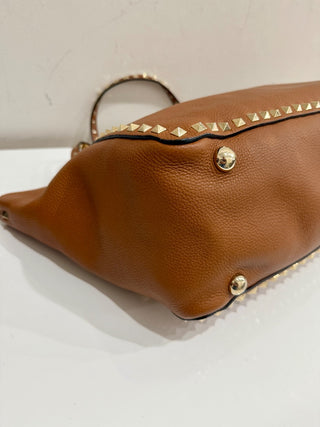 Valentino Light Leather Pebbled Calfskin Rockstud Tote Brown Medium