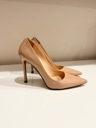 Prada Patent Leather Slip On Pointed Toe Stilettos Pumps Beige Women's EU 37.5