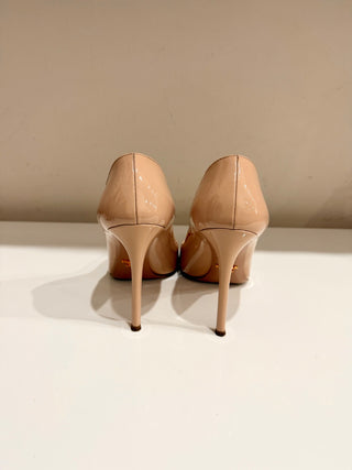 Prada Patent Leather Slip On Pointed Toe Stilettos Pumps Beige Women's EU 37.5