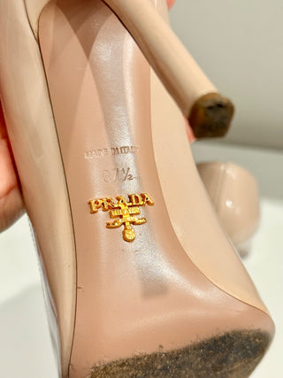Prada Patent Leather Slip On Pointed Toe Stilettos Pumps Beige Women's EU 37.5