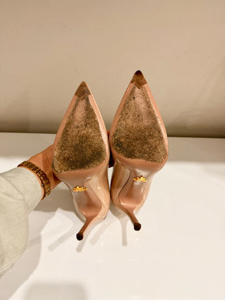 Prada Patent Leather Slip On Pointed Toe Stilettos Pumps Beige Women's EU 37.5