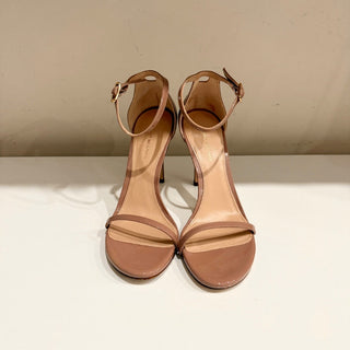 Stuart Weitzman Nudistsong Patent Leather Ankle Strap Heeled Sandals Tan US 7
