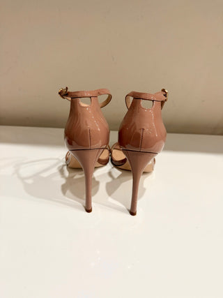 Stuart Weitzman Nudistsong Patent Leather Ankle Strap Heeled Sandals Tan US 7