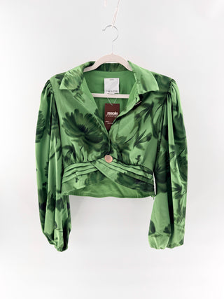 C/Meo Collective Floral blouse with wrap front silhouette, statement puff sleeves, pleated waist detailing & gold button closure, XS
