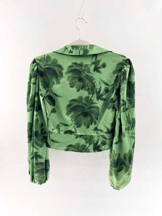 C/Meo Collective Floral blouse with wrap front silhouette, statement puff sleeves, pleated waist detailing & gold button closure, XS