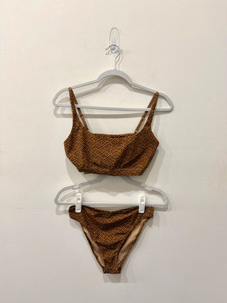 Fendi X Skims Logo Print Bikini Set; Bralette Top & Bikini Bottom Brown Womens L