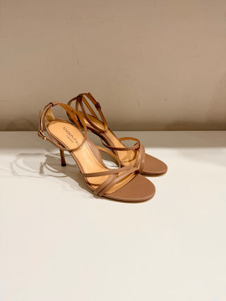 Marion Parke Lillian Nappa Leather Stilettes Strappy Sandals Buff Women's US 7