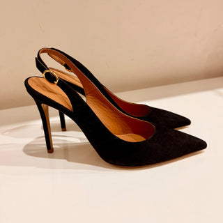 NWT Mansur Gavriel Suede Pointed Toe Classic Heel 100mm Slingback Black EU 37.5