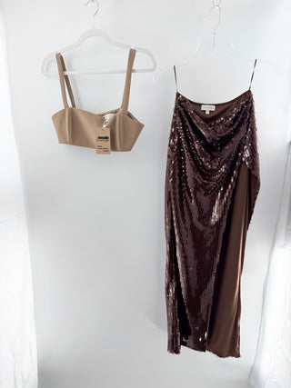 Ronny Kobo matching set sequin midi skirt and bra top, top M / bottom S