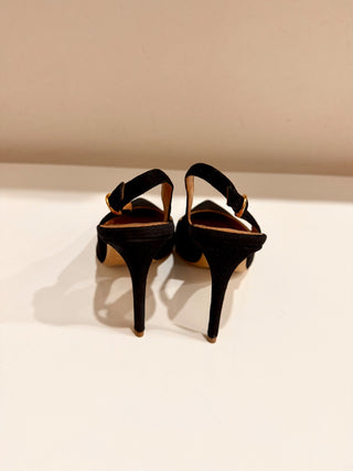 NWT Mansur Gavriel Suede Pointed Toe Classic Heel 100mm Slingback Black EU 37.5