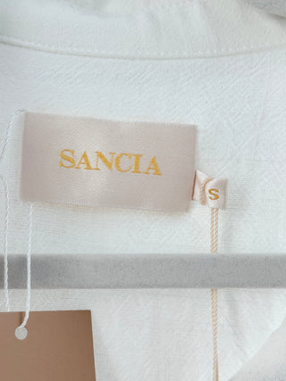 sancia long-sleeve button-down blouse with contrast piping and dual chest pockets in cotton fabric, S