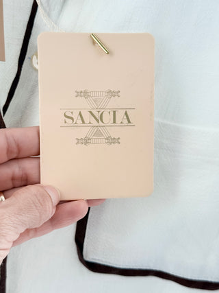 sancia long-sleeve button-down blouse with contrast piping and dual chest pockets in cotton fabric, S
