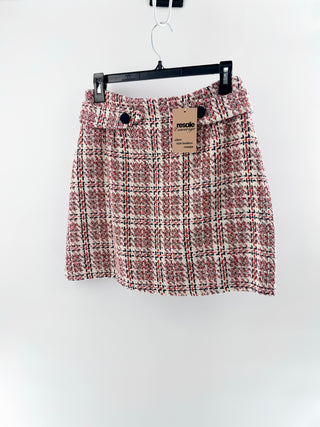 opullence textured tweed mini skirt in structured A-line silhouette with high-waisted fit with button front detail, M