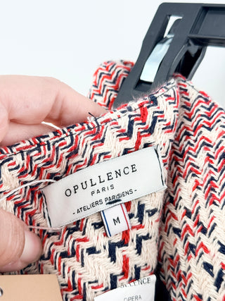 opullence textured tweed mini skirt in structured A-line silhouette with high-waisted fit with button front detail, M