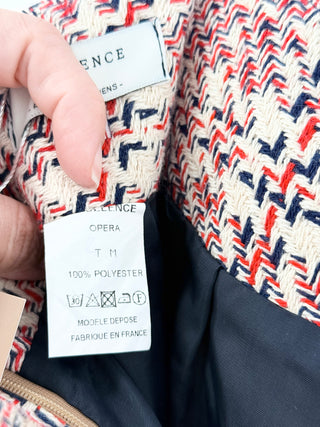 opullence textured tweed mini skirt in structured A-line silhouette with high-waisted fit with button front detail, M