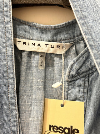 Trina Turk Anemones Chambray Self Tie Waist A-Line Mini Dress Blue Womens Sze XS