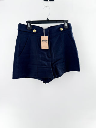 Veronica Beard navy tailored high-rise shorts with pleated front and gold crest button, 8