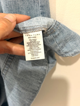 Trina Turk Anemones Chambray Self Tie Waist A-Line Mini Dress Blue Womens Sze XS