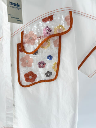 Scarlet sage embroidered blouse top, FS+ / XXL