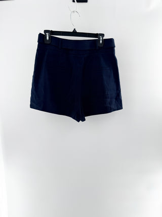 Veronica Beard navy tailored high-rise shorts with pleated front and gold crest button, 8
