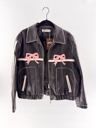 Diddi Moda faux leather oversized jacket with pink bow applique & contrast stripe detailing, L