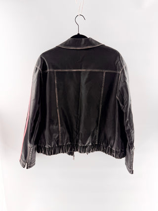 Diddi Moda faux leather oversized jacket with pink bow applique & contrast stripe detailing, L