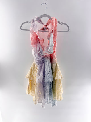 LoveShackFancy pastel eyelet halter mini dress with tiered ruffled skirt & crochet trim, m