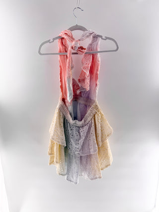 LoveShackFancy pastel eyelet halter mini dress with tiered ruffled skirt & crochet trim, m