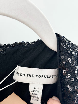 Dress The Population Chandler Sequin Ruffle Ruched Mini Dress Black Womens Large