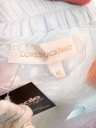 LoveShackFancy pastel eyelet halter mini dress with tiered ruffled skirt & crochet trim, m