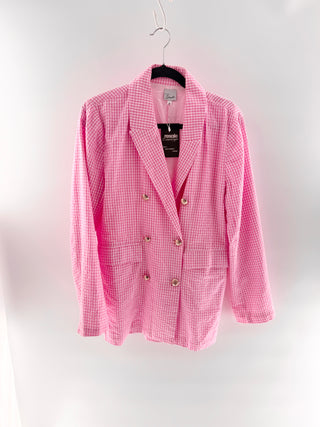 Bamba swim Gingham double breasted blazer with gold tone buttons & flap pockets, M