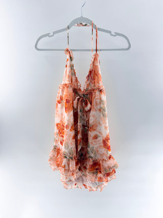 Majorelle Floral halter mini dress with tie front detail & tiered ruffle hem, m