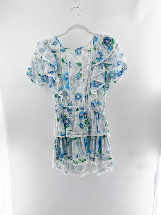 LoveShackFancy Natasha Floral Ruffle Trim Mini Dress Blueberry Cloud Women Small