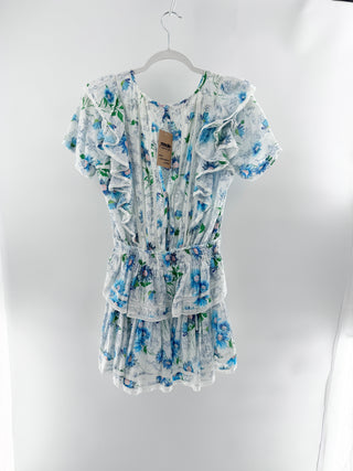 LoveShackFancy Natasha Floral Ruffle Trim Mini Dress Blueberry Cloud Women Small