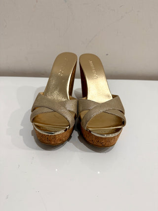 Jimmy Choo Metallic Patent Leather Prima Cork Wedge Platform Sandals Womens 7.5