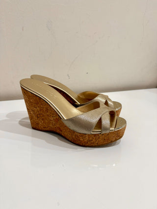 Jimmy Choo Metallic Patent Leather Prima Cork Wedge Platform Sandals Womens 7.5